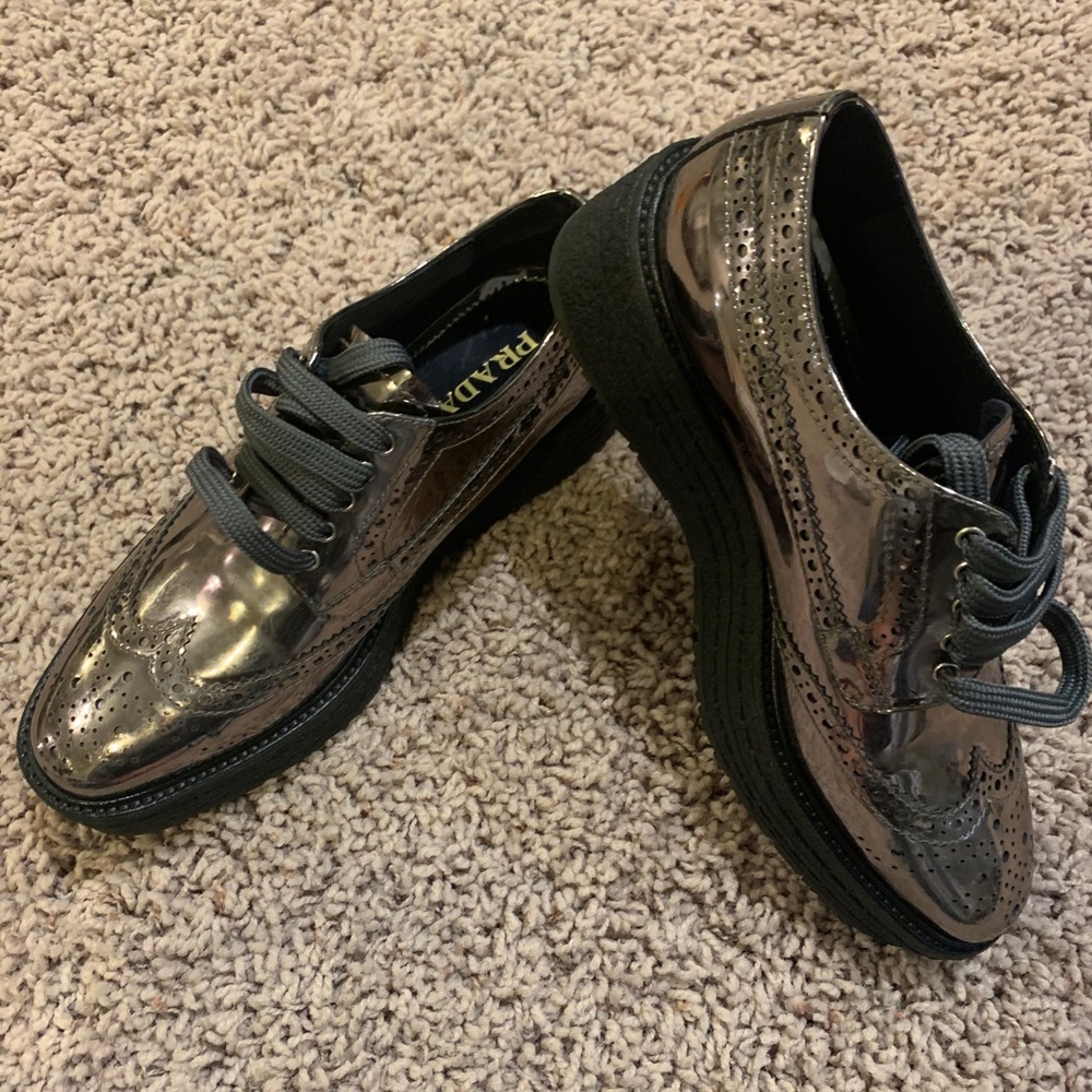 Prada Metallic leather platform derby shoes